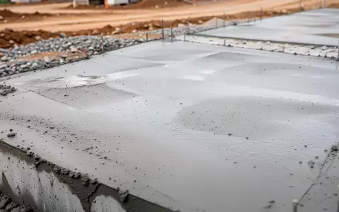 Nahaufnahme einer frischen, grauen Betonoberfläche auf einer Baustelle bei natürlichem Tageslicht. - Foto: über boerse-global.de