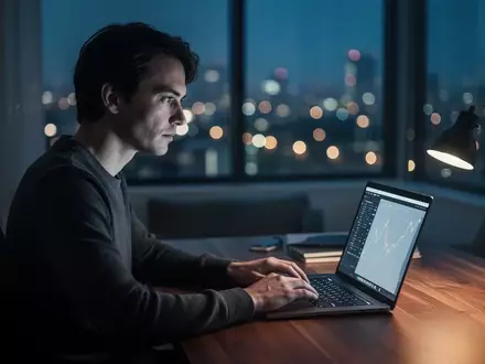 Eine Person sitzt nachdenklich an einem Laptop in einem modern eingerichteten Büro bei gedimmtem Licht. - Foto: über boerse-global.de