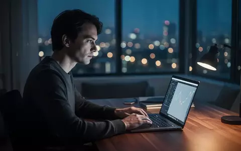 Eine Person sitzt nachdenklich an einem Laptop in einem modern eingerichteten Büro bei gedimmtem Licht. - Foto: über boerse-global.de