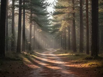 Ein ruhiger Waldweg im morgendlichen Sonnenlicht, der Stille und mentale Klarheit symbolisiert. - Foto: über boerse-global.de