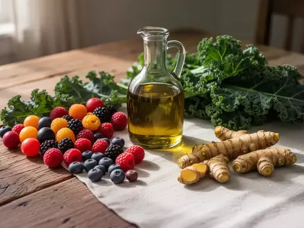Frische Lebensmittel wie Beeren, Grünkohl, Olivenöl sowie Kurkuma und Ingwer auf einem Holztisch. - Foto: über boerse-global.de