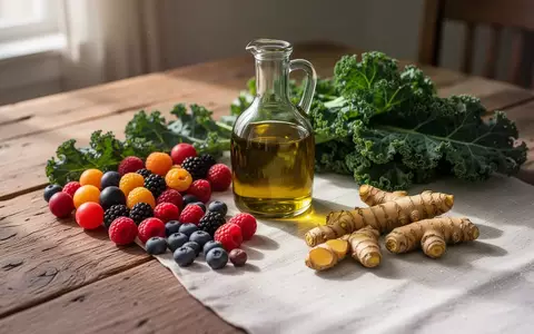 Frische Lebensmittel wie Beeren, Grünkohl, Olivenöl sowie Kurkuma und Ingwer auf einem Holztisch. - Foto: über boerse-global.de