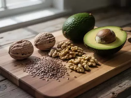 Eine Nahaufnahme von pflanzlichen Fettquellen wie Walnüssen, Leinsamen und Avocados auf einem rustikalen Holzbrett. - Foto: über boerse-global.de