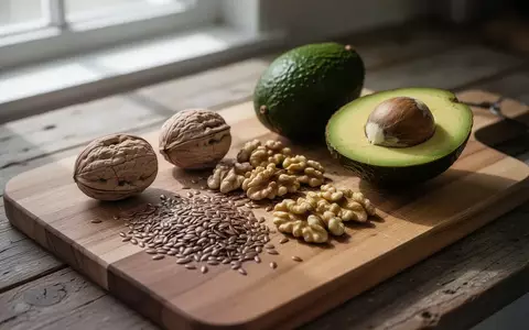 Eine Nahaufnahme von pflanzlichen Fettquellen wie Walnüssen, Leinsamen und Avocados auf einem rustikalen Holzbrett. - Foto: über boerse-global.de