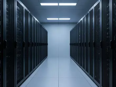 Symmetrische Ansicht eines modernen, minimalistischen Serverraums mit dunklen Geräteracks in blauer Beleuchtung. - Foto: über boerse-global.de