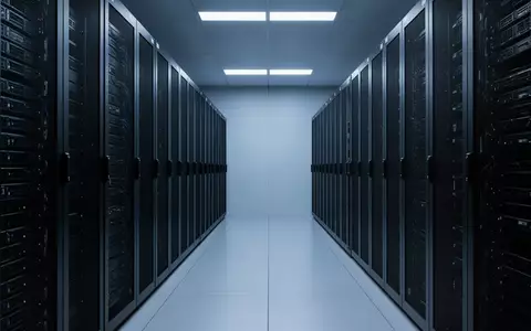 Symmetrische Ansicht eines modernen, minimalistischen Serverraums mit dunklen Geräteracks in blauer Beleuchtung. - Foto: über boerse-global.de
