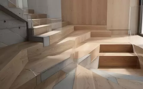 Eine minimalistische, moderne Treppe aus Holz und Beton in einem hellen, architektonischen Raum ohne Personen. - Foto: über boerse-global.de