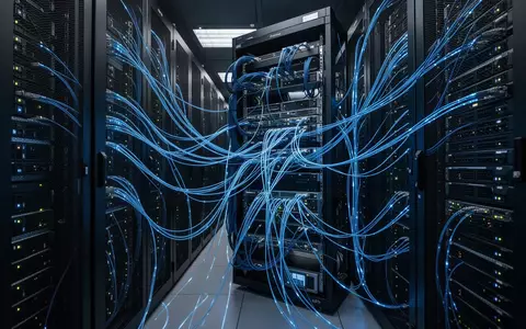 Moderne Serverinfrastruktur in einem klimatisierten Rechenzentrum mit leuchtenden Glasfaserkabeln. - Foto: über boerse-global.de