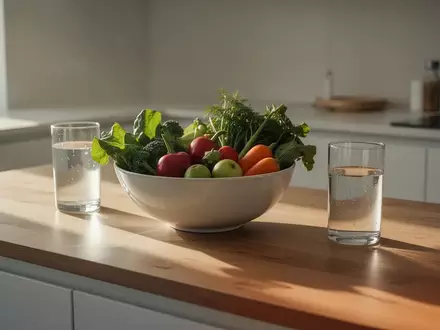 Eine minimalistische Küche mit frischem Gemüse und einem Glas Wasser im natürlichen Morgenlicht. - Foto: über boerse-global.de