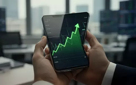 Nahaufnahme einer Hand, die ein Smartphone mit einem abstrakten grünen Aufwärtstrend in einem modernen Büro zeigt. - Foto: über boerse-global.de