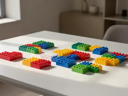 Bunte, ineinandergreifende Kunststoffbausteine auf einem hellen Schreibtisch in einer hellen, minimalistischen Umgebung. - Foto: über boerse-global.de