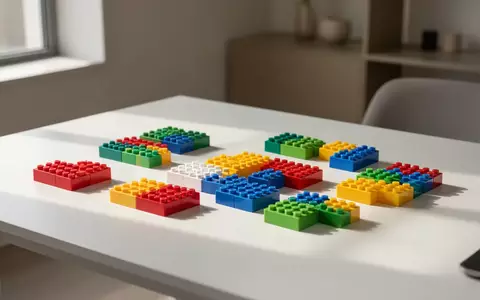 Bunte, ineinandergreifende Kunststoffbausteine auf einem hellen Schreibtisch in einer hellen, minimalistischen Umgebung. - Foto: über boerse-global.de