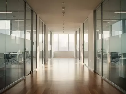 Ein heller, leerer Büroflur mit Glaswänden und modernem Design in einer professionellen Arbeitsumgebung. - Foto: über boerse-global.de