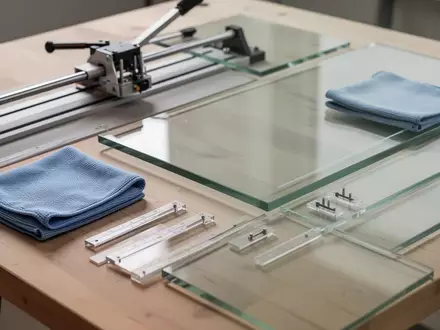 Ein minimalistischer Arbeitsplatz mit Glasbearbeitungswerkzeugen, Reinigungstüchern und transparenten Glasplatten auf einer Holzoberfläche. - Foto: über boerse-global.de