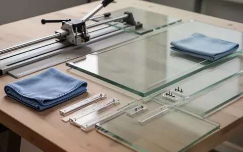 Ein minimalistischer Arbeitsplatz mit Glasbearbeitungswerkzeugen, Reinigungstüchern und transparenten Glasplatten auf einer Holzoberfläche. - Foto: über boerse-global.de