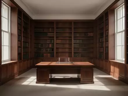 Ein minimalistischer, leerer Bibliothekssaal mit hohen Bücherregalen und natürlichem Lichteinfall in einer Kanzlei. - Foto: über boerse-global.de
