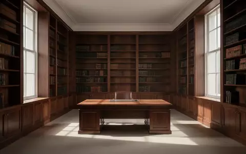 Ein minimalistischer, leerer Bibliothekssaal mit hohen Bücherregalen und natürlichem Lichteinfall in einer Kanzlei. - Foto: über boerse-global.de