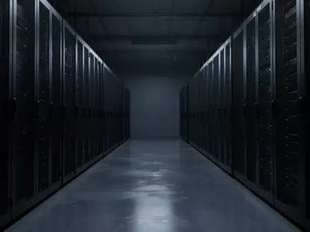 Dunkler, minimalistischer Serverraum mit metallischen Server-Racks in kühlem, blauem Licht. - Foto: über boerse-global.de