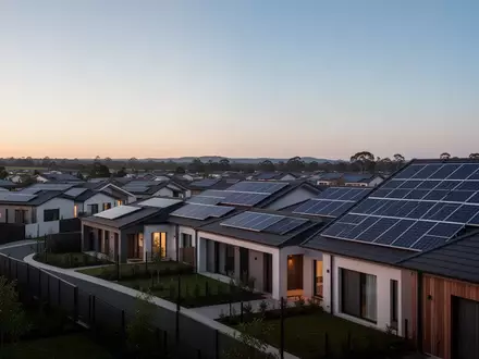 Wohnsiedlung mit Solaranlagen auf den Dächern in der Abenddämmerung. - Foto: über boerse-global.de