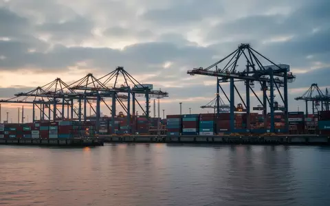 Industrielles Hafengelände in Hamburg mit Containern und Kränen bei Dämmerung als Symbol für kritische Infrastruktur. - Foto: über boerse-global.de