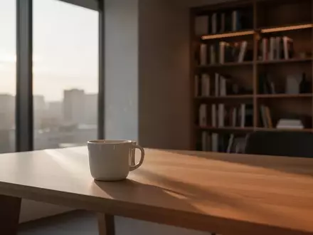 Ein minimalistischer, moderner Arbeitsplatz mit einer Kaffeetasse in einem ruhigen, hellen Raum. - Foto: über boerse-global.de