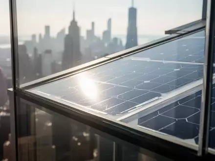 Nahaufnahme eines modernen, transparenten Solarmoduls in einer Glasfassade bei natürlichem Tageslicht. - Foto: über boerse-global.de