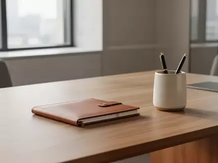 Ein minimalistischer Arbeitsplatz mit einem Notizbuch auf einem Holztisch bei natürlichem Tageslicht. - Foto: über boerse-global.de