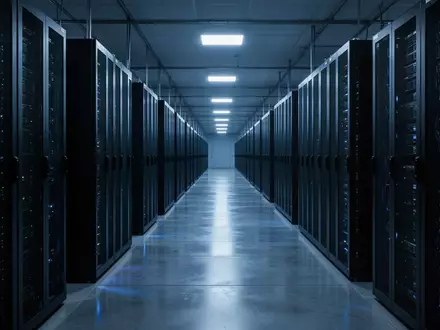 Ein langer, modern gestalteter Korridor in einem Rechenzentrum mit bläulicher Beleuchtung und symmetrischen Server-Racks. - Foto: über boerse-global.de