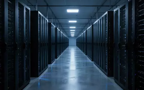 Ein langer, modern gestalteter Korridor in einem Rechenzentrum mit bläulicher Beleuchtung und symmetrischen Server-Racks. - Foto: über boerse-global.de