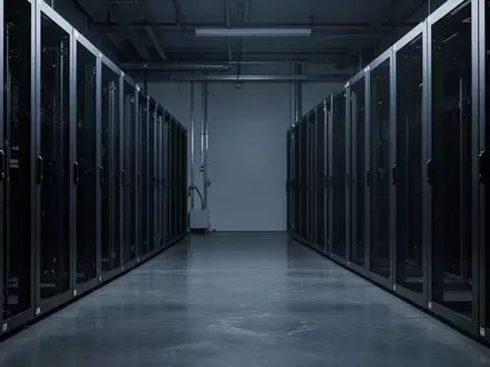 Leere Server-Racks in einem minimalistisch beleuchteten, industriellen IT-Infrastrukturraum. - Foto: über boerse-global.de