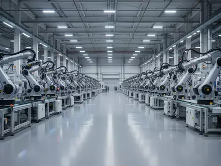Eine hochmoderne, automatisierte Fertigungshalle für industrielle Robotik mit präzisen Montageanlagen und sauberer Arbeitsumgebung. - Foto: über boerse-global.de