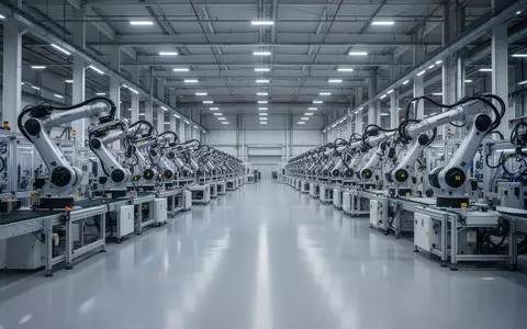 Eine hochmoderne, automatisierte Fertigungshalle für industrielle Robotik mit präzisen Montageanlagen und sauberer Arbeitsumgebung. - Foto: über boerse-global.de