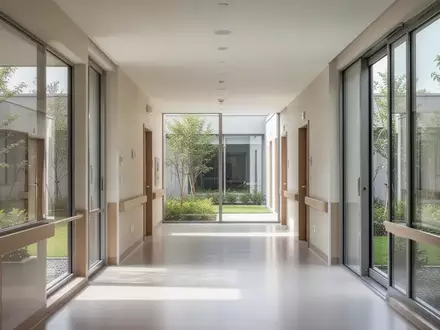 Ein minimalistischer, sonnendurchfluteter Flur in einer modernen Pflegeeinrichtung mit Blick in einen grünen Innenhof. - Foto: über boerse-global.de
