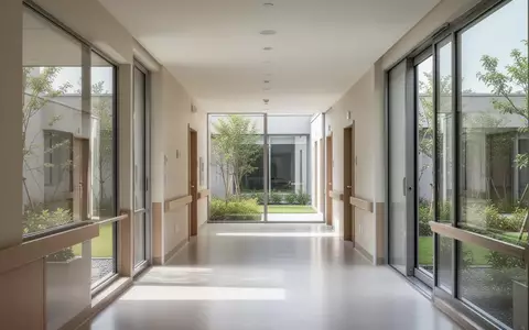 Ein minimalistischer, sonnendurchfluteter Flur in einer modernen Pflegeeinrichtung mit Blick in einen grünen Innenhof. - Foto: über boerse-global.de
