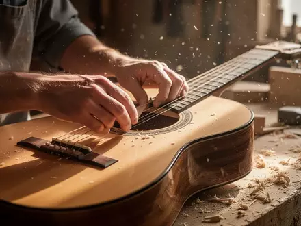 Nahaufnahme der Hände eines Gitarrenbauers bei der Arbeit an einer akustischen Gitarre in einer Werkstatt. - Foto: über boerse-global.de