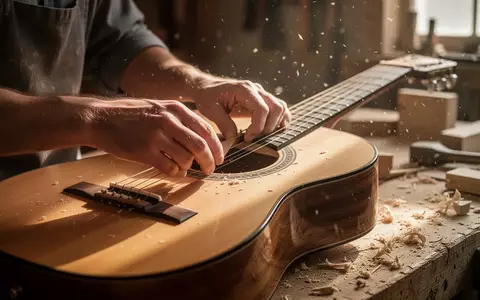 Nahaufnahme der Hände eines Gitarrenbauers bei der Arbeit an einer akustischen Gitarre in einer Werkstatt. - Foto: über boerse-global.de