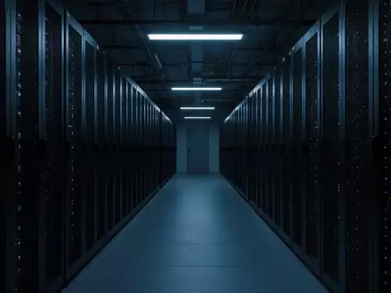 Ein dunkler, moderner Serverraum mit Reihen von Server-Racks in einer industriellen Umgebung. - Foto: über boerse-global.de