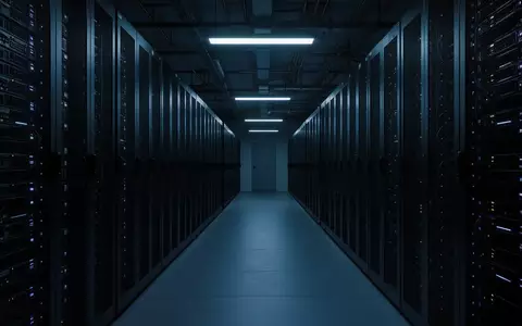 Ein dunkler, moderner Serverraum mit Reihen von Server-Racks in einer industriellen Umgebung. - Foto: über boerse-global.de