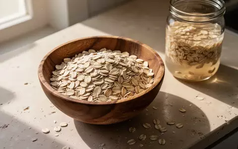 Eine Nahaufnahme von rohen Haferflocken in einer Holzschale und ein Glas mit eingeweichten Haferflocken auf einer Steinarbeitsplatte. - Foto: über boerse-global.de