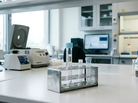 Ein leeres Reagenzglas in einem Laborständer auf einem klinischen Arbeitstisch. - Foto: über boerse-global.de