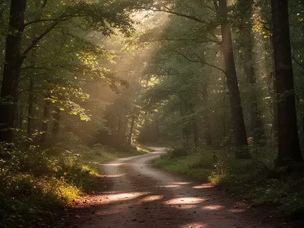 Ein gewundener Waldweg im sanften Sonnenlicht, der zur Bewegung in der Natur einlädt. - Foto: über boerse-global.de