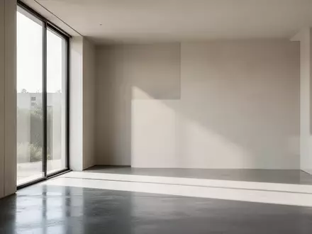 Minimalistisches, modernes Interieur mit klaren Linien und natürlichem Lichteinfall auf einem polierten Betonboden. - Foto: über boerse-global.de