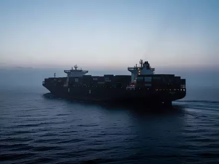 Ein großes Containerschiff auf hoher See während der Dämmerung, das die Weite und Komplexität der maritimen Logistik verdeutlicht. - Foto: über boerse-global.de