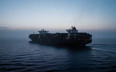 Ein großes Containerschiff auf hoher See während der Dämmerung, das die Weite und Komplexität der maritimen Logistik verdeutlicht. - Foto: über boerse-global.de