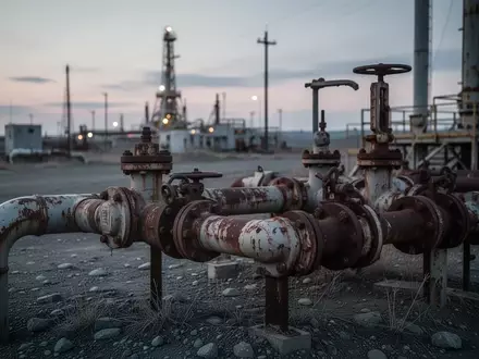 Industrielle Erdgasanlage mit rostigen Rohrleitungen in einer kühlen Abenddämmerung. - Foto: über boerse-global.de