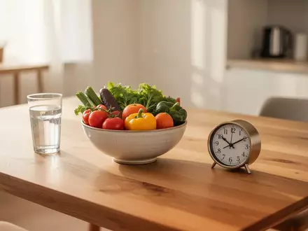 Ein minimalistischer Holztisch mit einer Schale frischem Gemüse und einer Uhr in einer hellen, ruhigen Wohnumgebung. - Foto: über boerse-global.de