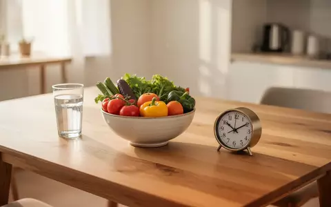 Ein minimalistischer Holztisch mit einer Schale frischem GemĂŒse und einer Uhr in einer hellen, ruhigen Wohnumgebung. - Foto: ĂŒber boerse-global.de