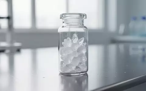 Ein gläsernes Laborfläschchen mit einer kristallinen Substanz auf einem sterilen Stahltisch in einer Forschungsumgebung. - Foto: über boerse-global.de
