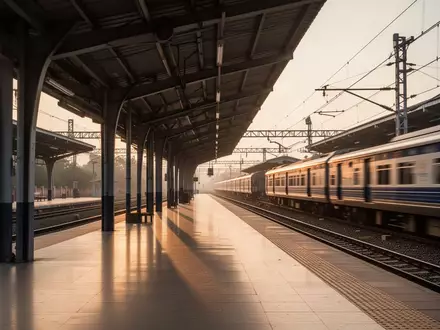 Ein moderner, menschenleerer Bahnsteig in Indien im goldenen Licht mit einem vorbeifahrenden Zug im Hintergrund. - Foto: über boerse-global.de