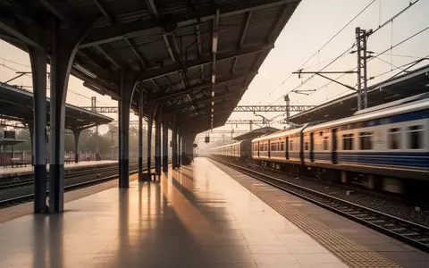 Ein moderner, menschenleerer Bahnsteig in Indien im goldenen Licht mit einem vorbeifahrenden Zug im Hintergrund. - Foto: über boerse-global.de